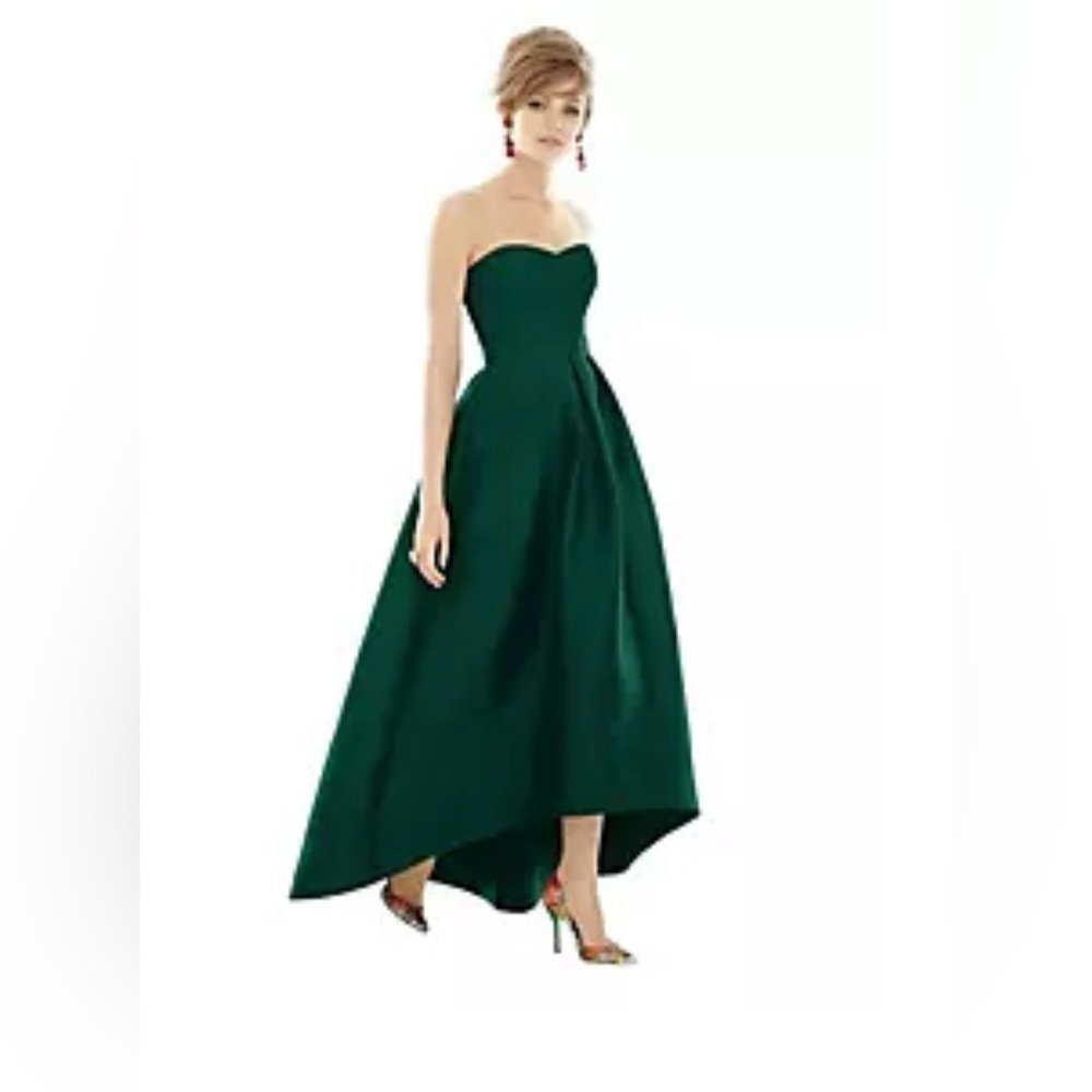 Alfred Sung strapless satin high low dress with pockets